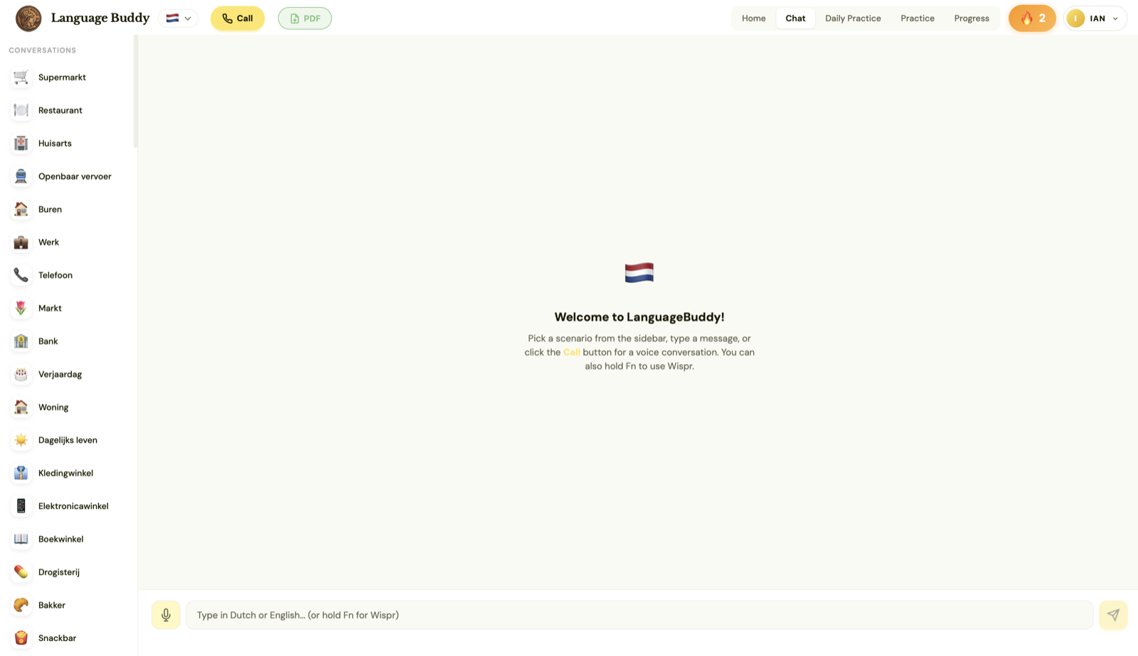 Chat view with a sidebar of Dutch role-play scenarios: Supermarkt, Restaurant, Huisarts, Openbaar vervoer and more