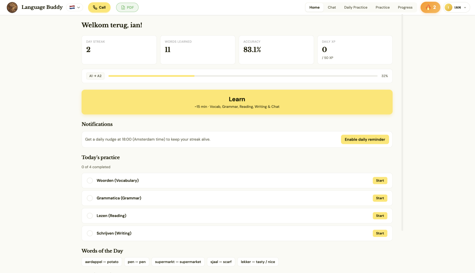 LanguageBuddy home dashboard showing streak, words learned, accuracy, daily XP, A1-to-A2 progress and the daily practice checklist