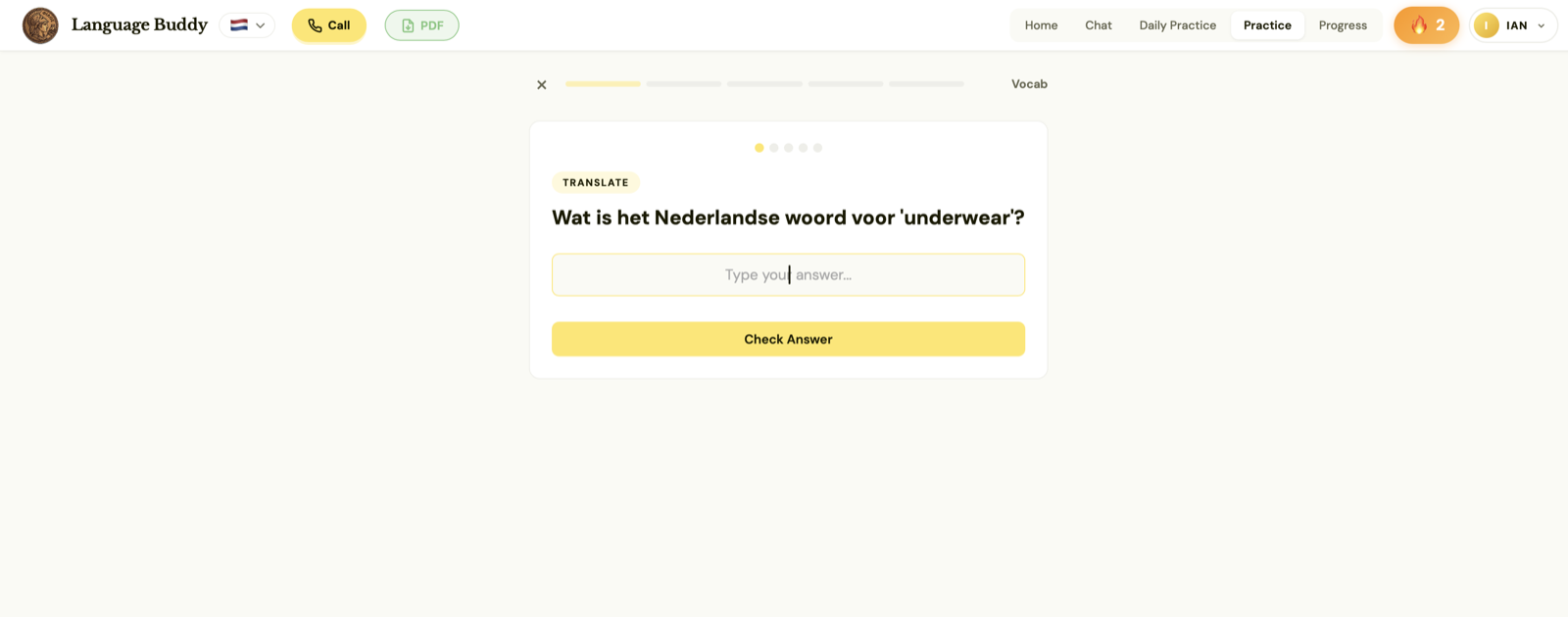 Vocabulary translate exercise asking for the Dutch word for 'underwear', with progress dots and a Check Answer button
