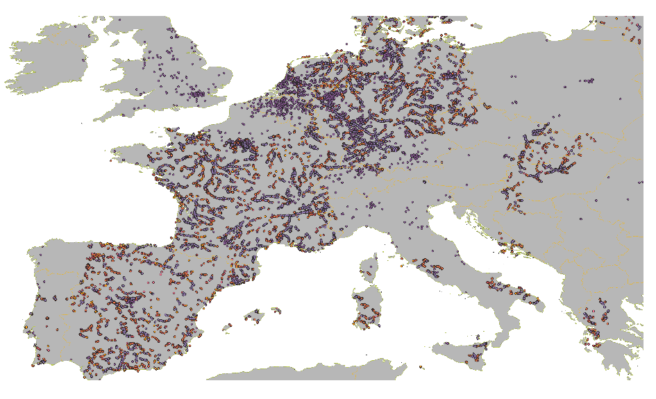 Map of Europe with ~45,700 flood-risk sample points tracing river networks across France, Germany, the Low Countries, Spain and Italy