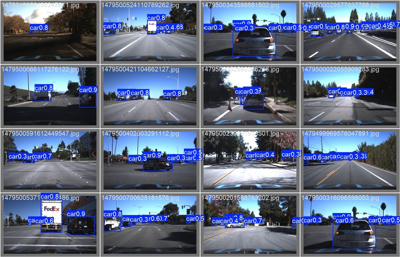 US validation frames with predicted bounding boxes: FedEx trucks, palm trees, wide Mountain View roads